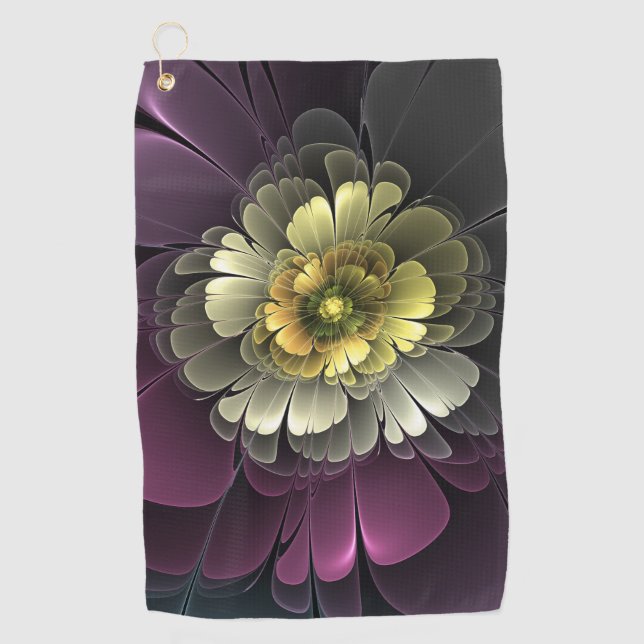 Abstrakt Modern Purpur Khaki Gray Fraktal Blume Golfhandtuch (Vorderseite)