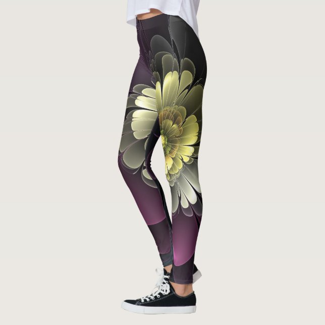 Abstrakt Modern Purpur Khaki Gray Fraktal Blume Leggings (Links)