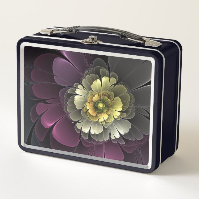 Abstrakt Modern Purpur Khaki Gray Fraktal Blume Metall Brotdose (Vorderseite)