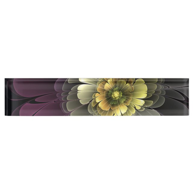 Abstrakt Modern Purpur Khaki Gray Fraktal Blume Namensplakette (Vorderseite)