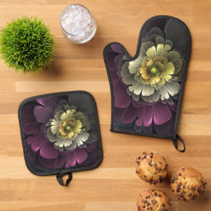 Abstrakt Modern Purpur Khaki Gray Fraktal Blume Ofenhandschuh & Topflappen-Set