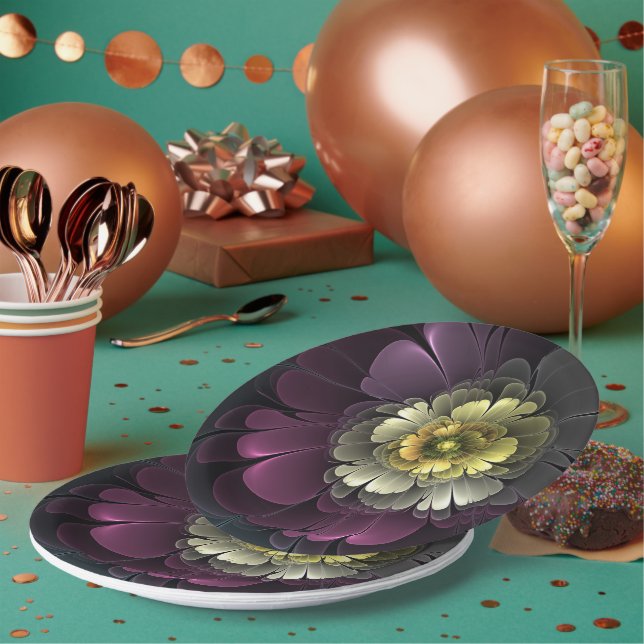 Abstrakt Modern Purpur Khaki Gray Fraktal Blume Pappteller (Multi)