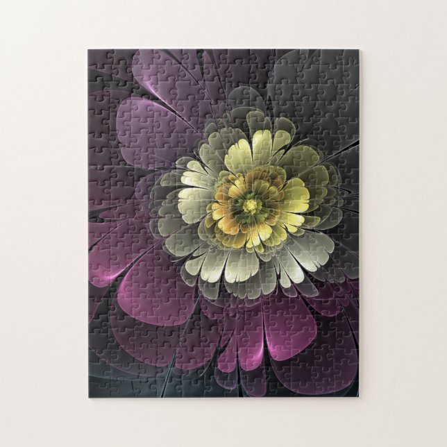 Abstrakt Modern Purpur Khaki Gray Fraktal Blume Puzzle (Vertikal)