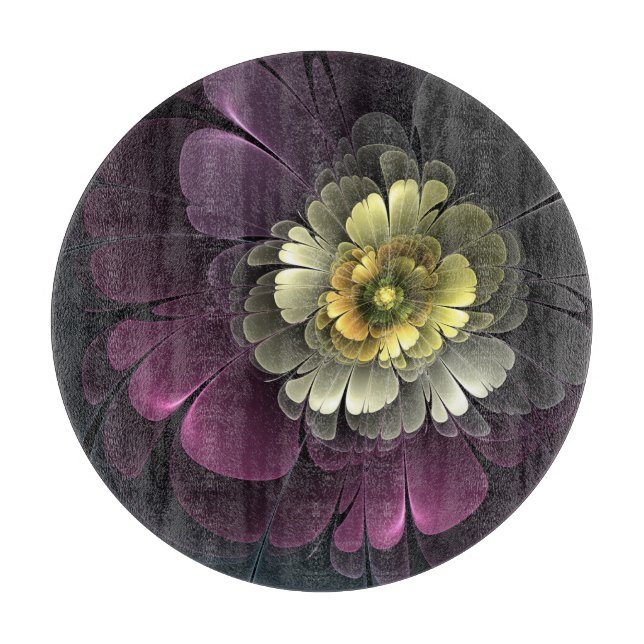 Abstrakt Modern Purpur Khaki Gray Fraktal Blume Schneidebrett (Vorderseite)