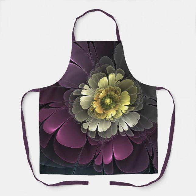 Abstrakt Modern Purpur Khaki Gray Fraktal Blume Schürze (Vorderseite)