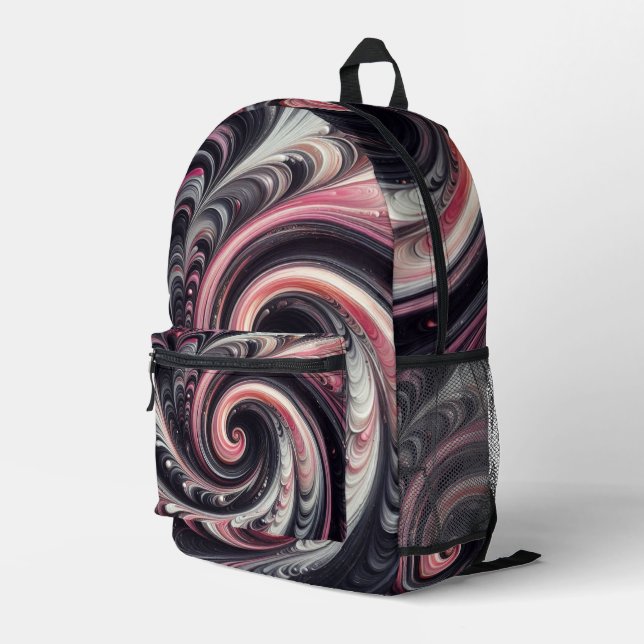Abstrakt modern, rosa, schwarz und weiß bedruckter rucksack (Rückseitige Ecke Rechts)