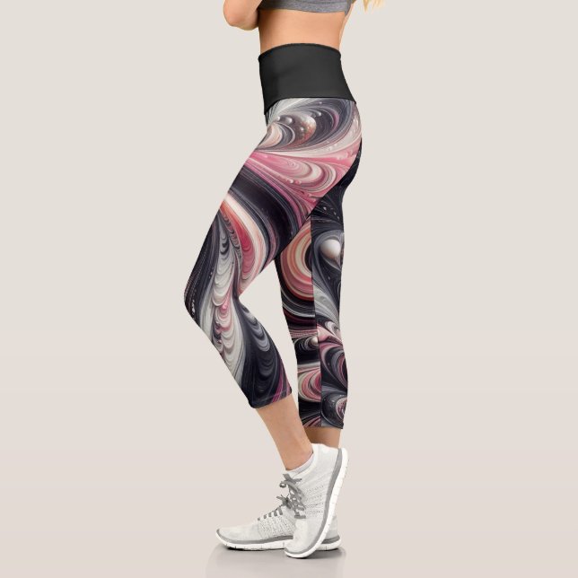 Abstrakt modern, rosa, schwarz und weiß capri leggings (Links)