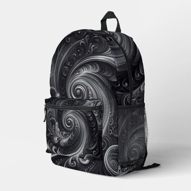 Abstrakt-modern, schlicht, schwarz und weiß bedruckter rucksack (Rückseitige Ecke Rechts)