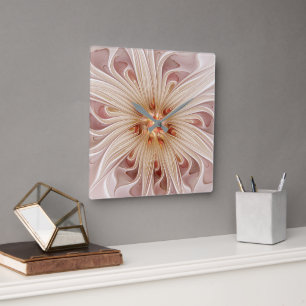 Abstrakt Modernes Peach Pasta Blume Fraktal Quadratische Wanduhr