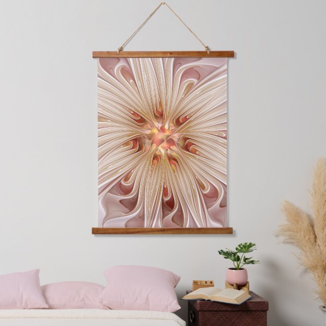 Abstrakt Modernes Peach Pasta Blume Fraktal Wandteppich Mit Holzrahmen (Schlafzimmer)