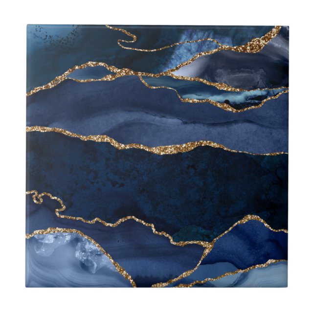 Abstrakt Navy Blue Agate Watercolor Fliese (Vorderseite)