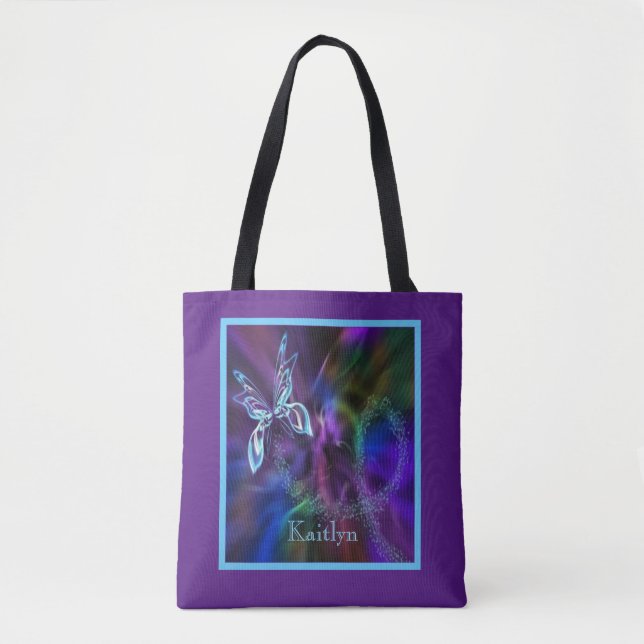 Abstrakt Neon Blue Lila Bright Butterfly Tasche (Vorderseite)