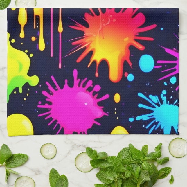 Abstrakt Neon Paint Tropfen Artwork Geschirrtuch (Gefaltet)