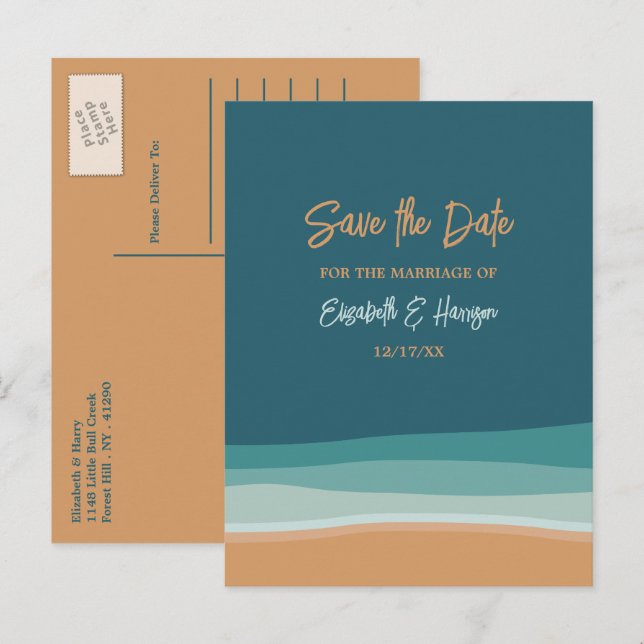 Abstrakt Ocean Beach Hochzeit Save the Date Ankündigungspostkarte (Vorne/Hinten)