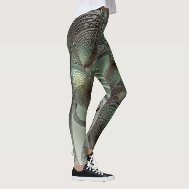 Abstrakt Olive Green Gray Fraktal Kunstwerke der E Leggings (Rechts)
