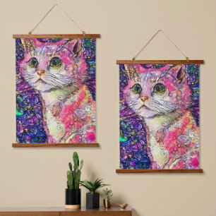 Abstrakt Pink Kitten Wandteppich Mit Holzrahmen