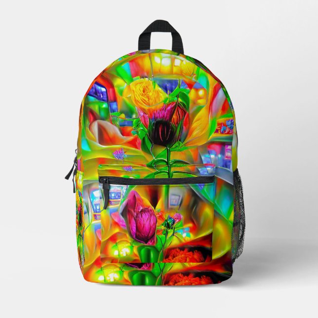 Abstrakt Psychedelische Blume Bedruckter Rucksack (Vorderseite)