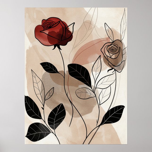 Abstrakt Red Black Rose Green Blätter Line Art Poster (Vorne)