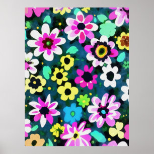 Abstrakt Retro Boho Spring Flowers Viva Magenta Poster