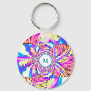 Abstrakt-rosa-blaues Retro-Blumenmandala-Monogramm Schlüsselanhänger