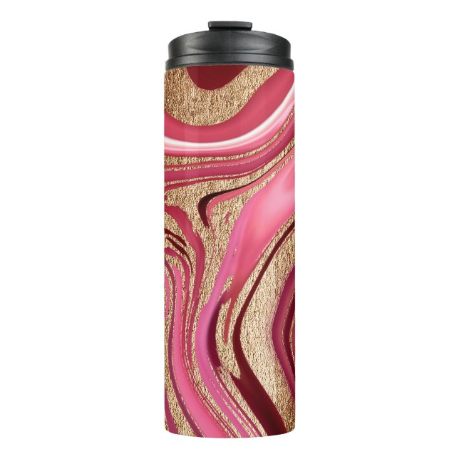 Abstrakt rosa Flüssig-Marmor mit Glitzer Thermosbecher (Vorderseite)