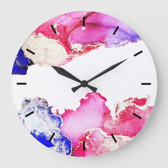 Abstrakt rosa goldblaue Acrylwand Große Wanduhr (Vorderseite)