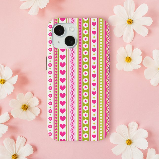 Abstrakt-Rosa-grünes Muster + Punkte Blume Herz Case-Mate iPhone Hülle (Von Creator hochgeladen)