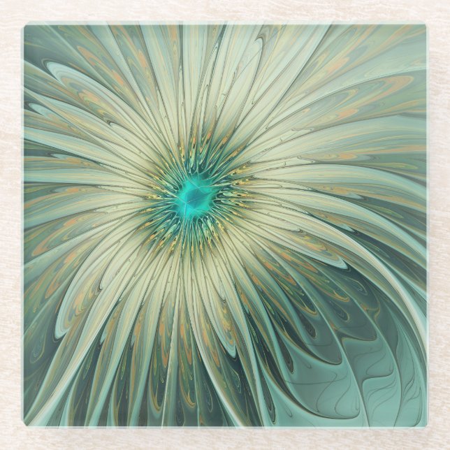 Abstrakt Sage Green Fantasy Blume Fraktal Kunst Glasuntersetzer (Vorderseite)