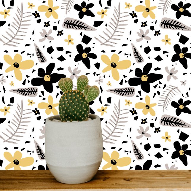 Abstrakt Schwarz-Gelb-Grau Nahtloses Muster Fliese (Abstract Black Yellow Gray Seamless Floral Pattern Ceramic Tile)