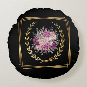 Abstrakt Schwarz Gold Violett Floral Boho Minimali Rundes Kissen
