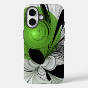 Abstrakt Schwarz und Weiß mit einem grünen Fraktal iPhone 16 Hülle