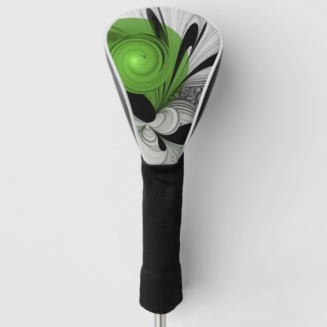 Abstrakt Schwarz und Weiß mit einem grünen Fraktal Golf Headcover (Vorderseite)