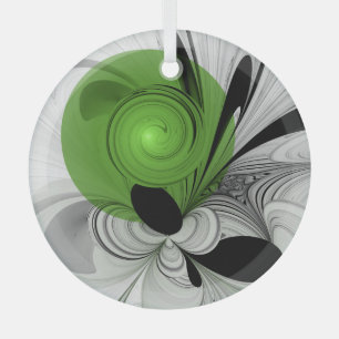 Abstrakt Schwarz und Weiß mit einem grünen Fraktal Ornament Aus Glas