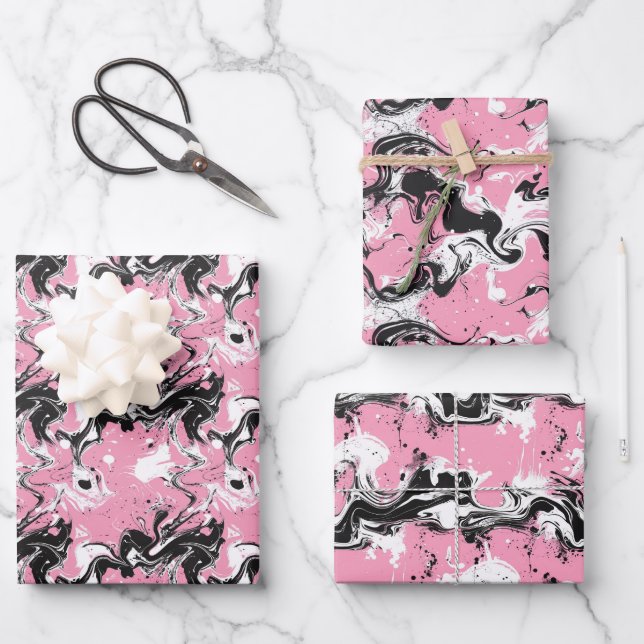 Abstrakt Schwarz-Weiß-Tinte Swirbel auf Weich-Rosa Geschenkpapier Set (Vorderseite)