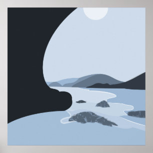 Abstrakt Steel Blue Stilisierte Beach Seascape Poster