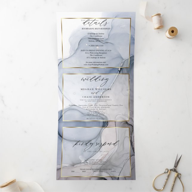 Abstrakt Tinte dunkelblau Mauve Plum triftige Einf Dreifach Gefaltete Einladung (Innenseite)