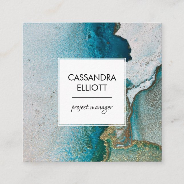 Abstrakt Türkis & Gold Alkohol Tinte Flüssigkeiten Quadratische Visitenkarte (Vorderseite)