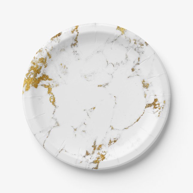 Abstrakt White Gold Carrara Marble Glam Stone Pappteller (Vorderseite)