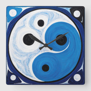 Abstrakt Yin Yang: Modernist Blue & White Quadratische Wanduhr