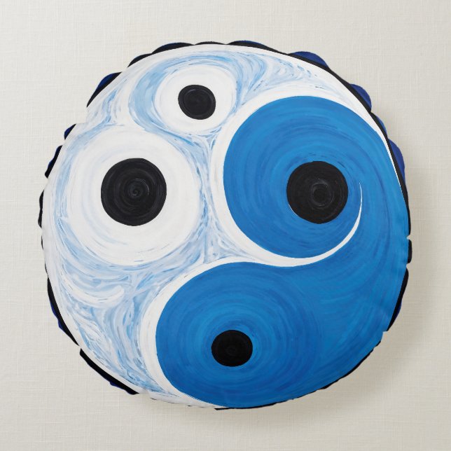 Abstrakt Yin Yang: Modernist Blue & White Rundes Kissen (Vorderseite)