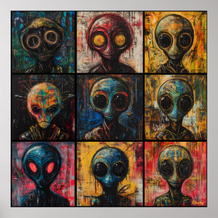 Abstrakte Alien-Porträts in Graffiti-Popart-Raster Poster
