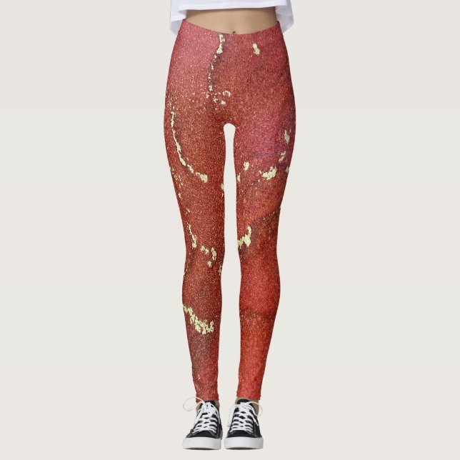 Abstrakte Alkohol Tinte Art Bright Red and Gold Leggings (Vorderseite)
