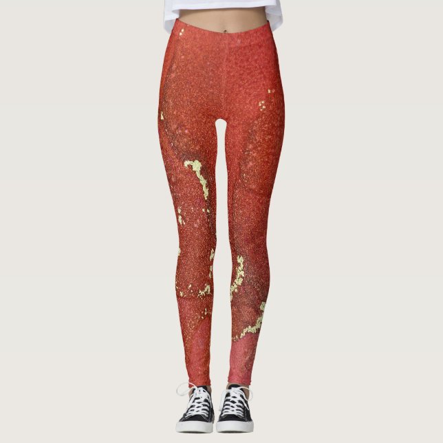 Abstrakte Alkohol Tinte Art Bright Red and Gold Leggings (Vorderseite)