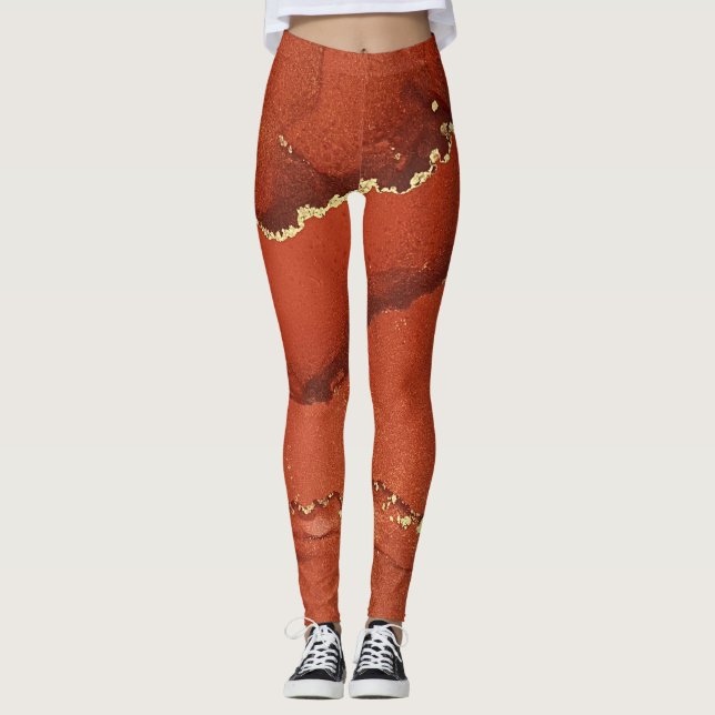 Abstrakte Alkohol Tinte Art Bright Red and Gold Leggings (Vorderseite)