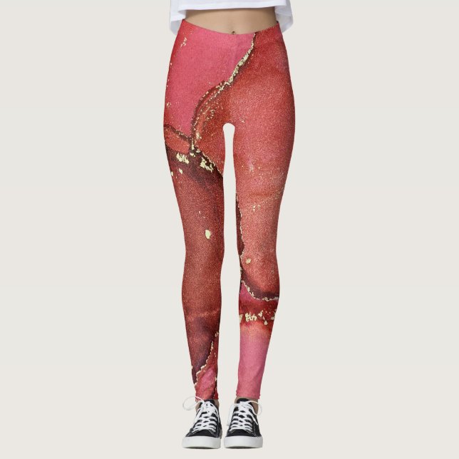 Abstrakte Alkohol Tinte Art Bright Red and Gold Leggings (Vorderseite)