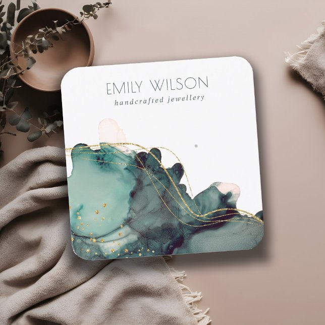 Abstrakte Alkoholtinte Gold Green Earring Display Quadratische Visitenkarte (Von Creator hochgeladen)