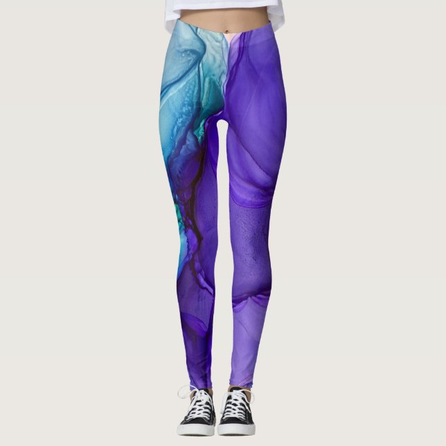 Abstrakte Alkoholtinte Kunst, Aquamarin und Lila Leggings (Vorderseite)