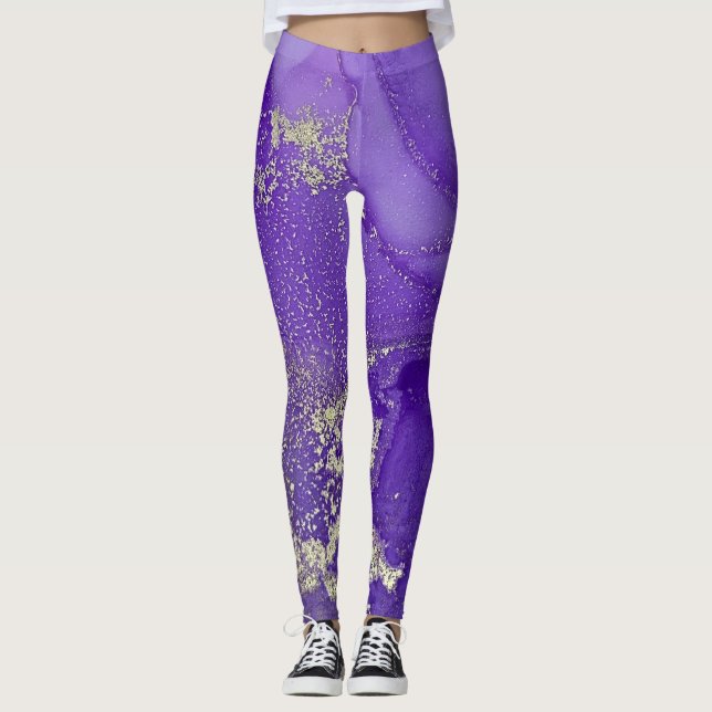 Abstrakte Alkoholtinte Kunst Lila und Bio Silber Leggings (Vorderseite)