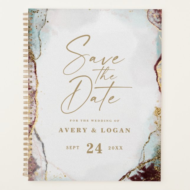 Abstrakte Aqua Red & Gold Winter Hochzeitspläne Planer (Vorderseite)