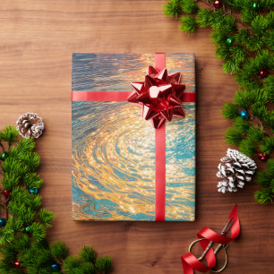 Abstrakte Aqua-Wellen mit goldenem Sonnenlicht Geschenkpapier